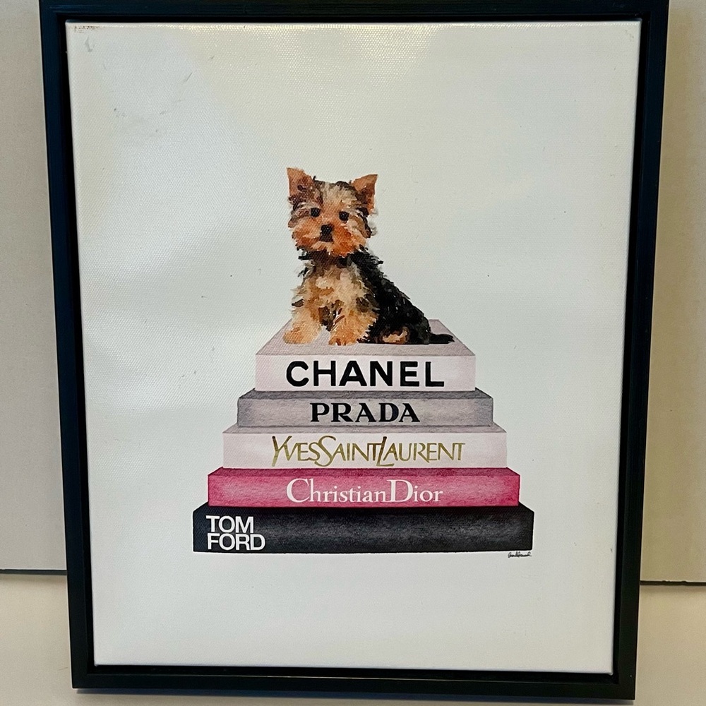 Canvas wall art Designers Dior, Chanel, Prada, YSL and Tom Ford with Yorkie